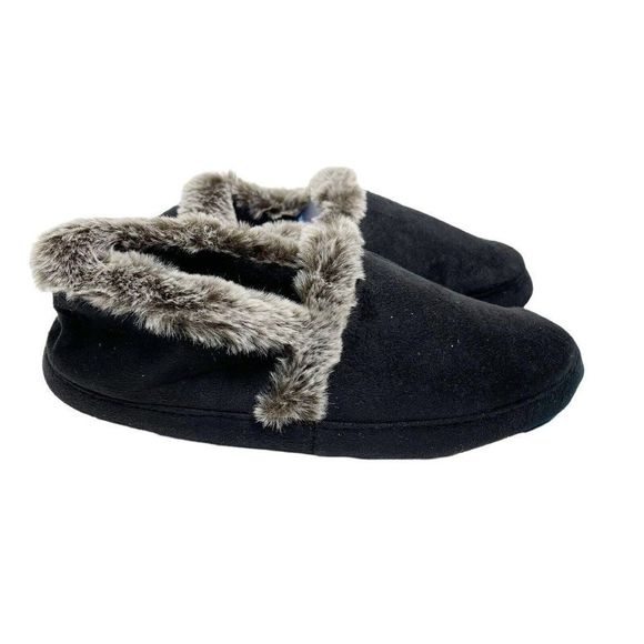 isotoner Shoes - Isotoner Black Loafer Slippers L 8-9 Gray Faux Fur Cushioned Memory Foam Cozy